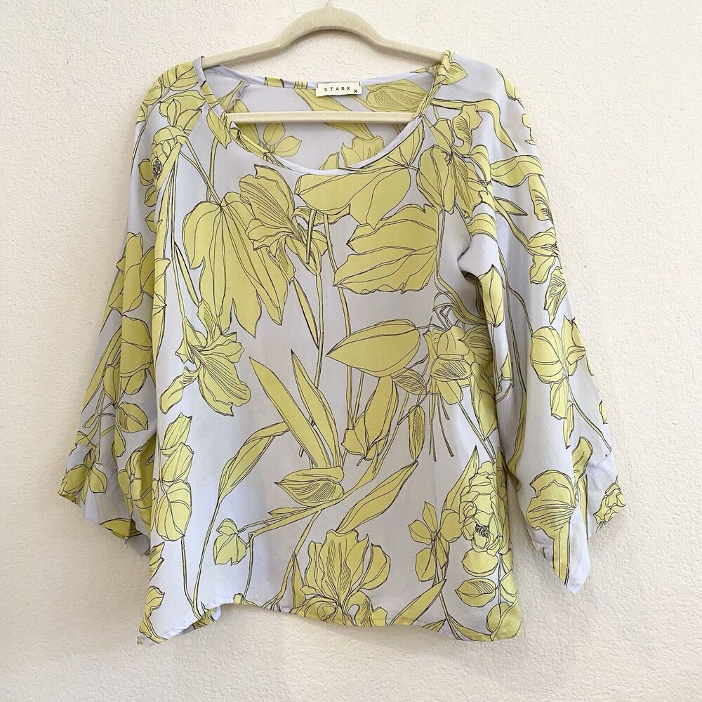 Stark Womens Short Sleeve Scoop Neck Oversized Floral Shirt Gray‎ Yellow Small